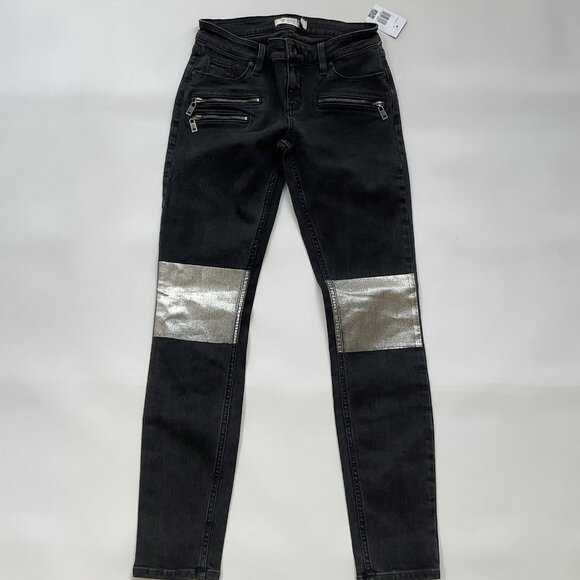 Guess Women’s Moto Zip Skinny Jeans In Black With Knee Silver Patch Size 27 - Picture 10 of 14
